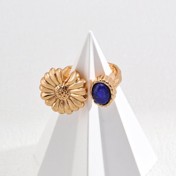 🌼 Artisan Original Daisy & Lapis Lazuli Bypass Ring | S925 Gold Adjustable - Picture 1 of 9